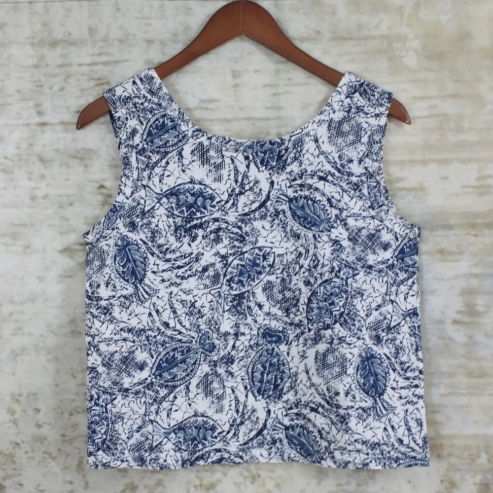 Blue Toile Tank Top Small Cotton Blouse Sleeveless Retro Resort Coastal Style - Picture 5 of 6